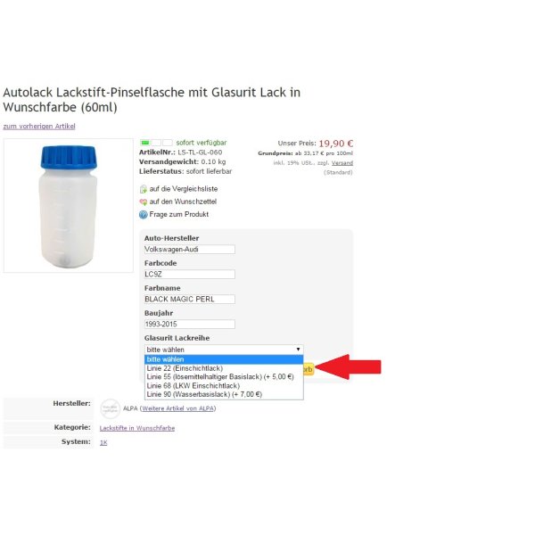 Autolack Lackstift-Pinselflasche mit Glasurit Lack in Wunschfarbe (60ml)